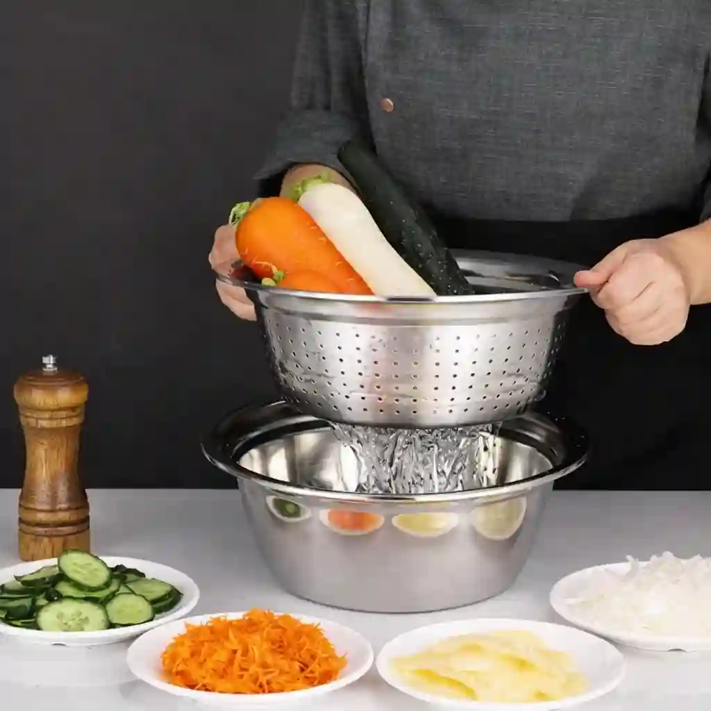 3-in-1 Stainless Steel Multifunction Bowl Set (Kitchen Washing, Rinsing, Slicing) - Image 3