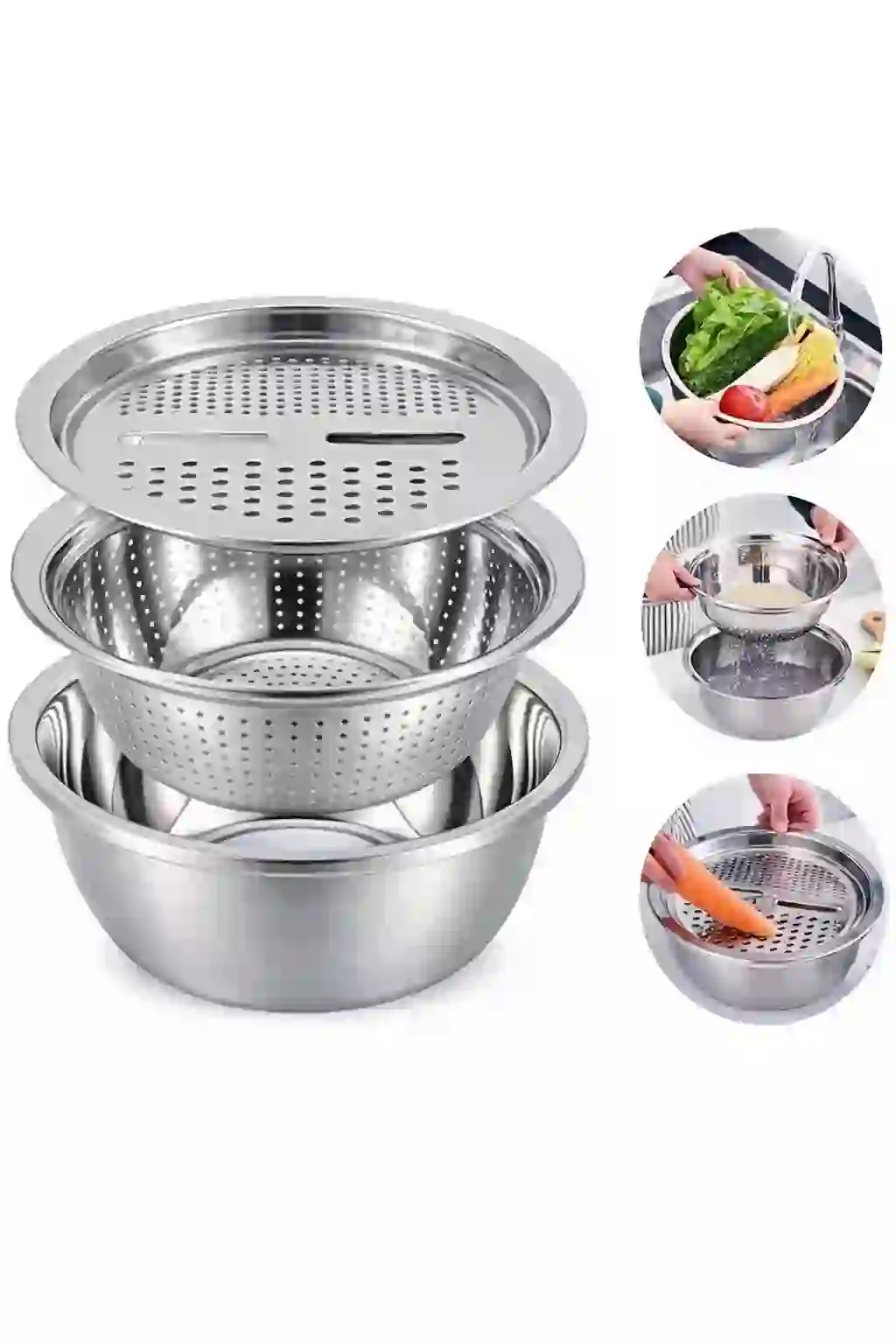 3-in-1 Stainless Steel Multifunction Bowl Set (Kitchen Washing, Rinsing, Slicing) - Image 4