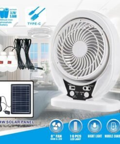 4-in-1 Solar Rechargeable Fan Model 607 – 8 Inch Charger Fan with LED Light, USB Mobile Charging & Solar Support