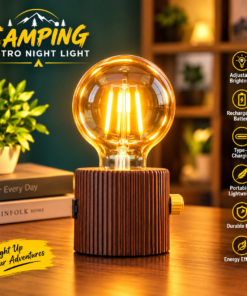Camping Retro Night Light – Rechargeable Wooden LED Camping Lantern with Adjustable Brightness & Type-C Charging